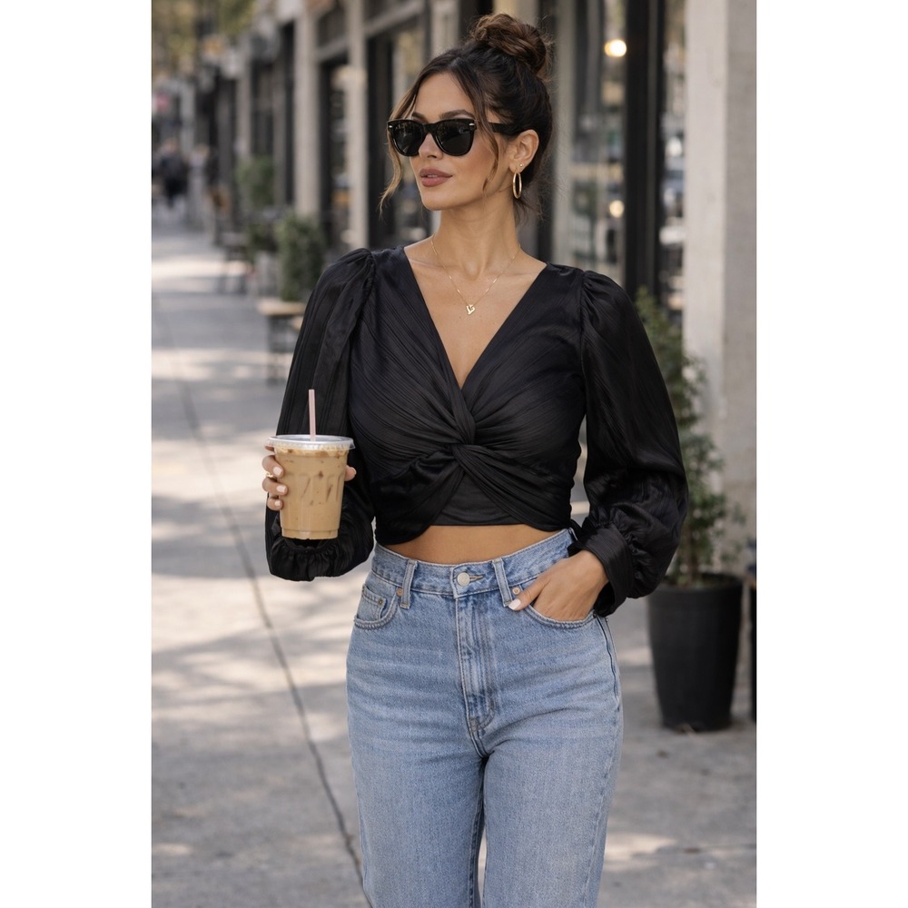 Aladore Pleated Twist‎ Crop Blouse Black Puff Sleeve Top Size S